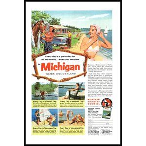 1953 Michigan Vacation Travel Vintage Print Ad Water Wonderland Sailboat Cabin